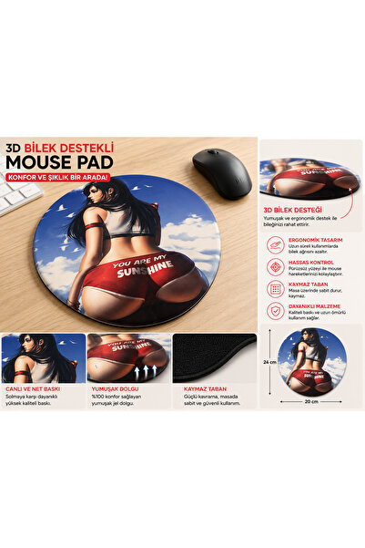 ByMeyla 3D Bilek Destekli Mouse Pad Ergonomik Yumuşak Dolgulu Kaymaz Taban Ko...