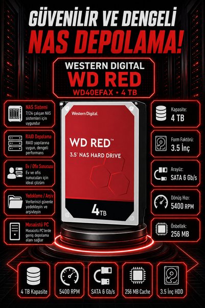 DİSK BANK 4 TB RED 3.5 İnç WD40EFAX NAS ve Ağ Depolama Sistemi Diski