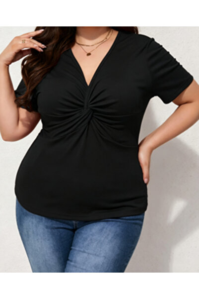 Take Two By Styli Plus Size Black Solid V-Neck Gathered Details Top