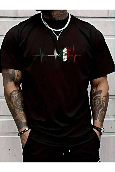 k222 1pc Mens Clothes Heartbeat Flag Heart Print Black TShirt, Unisex Casual ...
