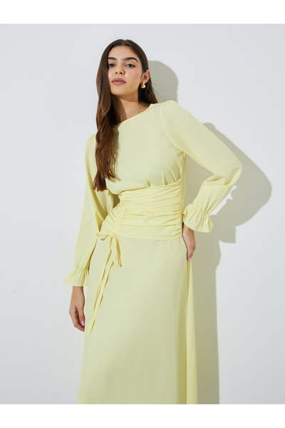 Styli Yellow Solid Drawstring Detail A-Line Midi Dress