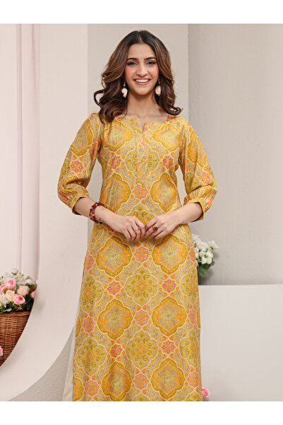 Libas By Styli Yellow Ethnic Motif Silk Blend Straight-Fit Kurta