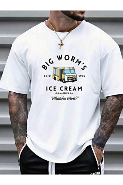 kai22 Men's Summer Outfits, Big Worm's Ice Cream Graphic Tee, Funny Vintage T...