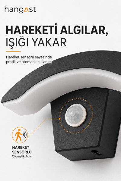 HANGAST Sensörlü Yarım Ay LED Aplik 24W 1800 LM 3200K Sıcak Beyaz Hareket Sensörlü | Duvar Lambası