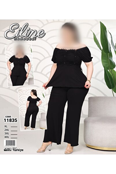 Eline Eiline Kadın Büyük Beden Omuz Düşük Bluz Geniş Paça Pantolon Takım Siyah