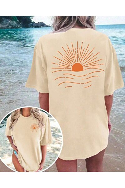 Oceanwear Sunset Sun Themed Back and Chest Printed Short Sleeve Beige Tshirt