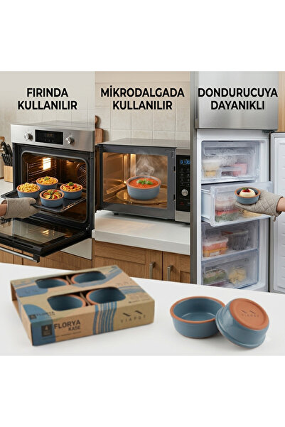Viapot Florya Mavi Toprak Sütlaç ve Sufle Kasesi 4'lü Set (150 ml - 9.5 x 4.5...