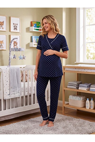Lohusa Homewear طقم بيجامة للحوامل بأكمام قصيرة وتصميم جديد باللون الأزرق الد...
