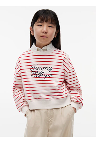 Tommy Hilfiger Beyaz Kız Çocuk Çizgili Sweatshirt KG0KG09439-TOMMY HILFIGER C...