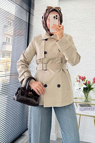 MELEK ARAZ Premium Windbreaker Detailed Belted Women's Trench Coat - Stone