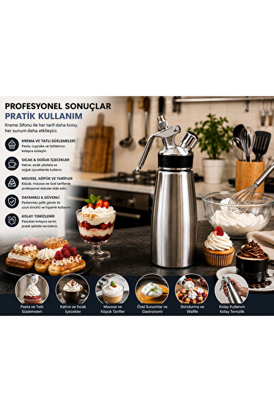 YDGR 1000 ml Paslanmaz Çelik Krema Sifonu – Pasta, Kahve ve Tatlı Süsleme