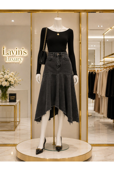 Lavin’s Luxury Asimetrik Kesim Antrasit Denim Etek