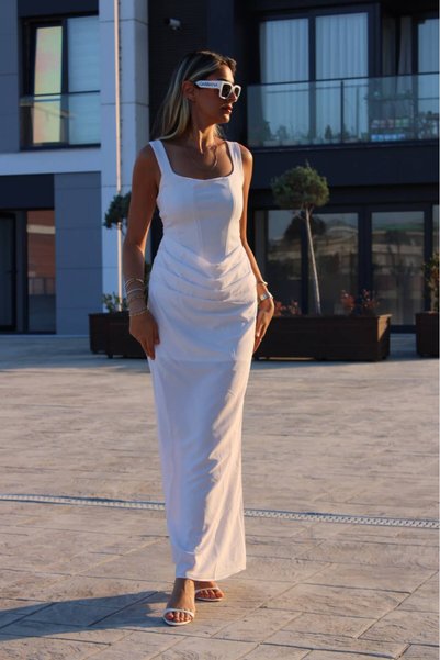 Stile Bella فستان ماكسي نسائي ذو مظهر كورسيه وياقة مربعة ورباط خلفي وتصميم مطوي