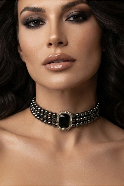 bb bridal boutique Baget Black Stone Smoked Beaded Choker Necklace, Smoked Be...