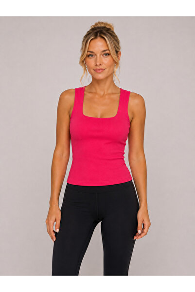 Sibel Günay Butik Fuchsia Pink Square Collar Thick Strap Steel Knitted Lycra ...