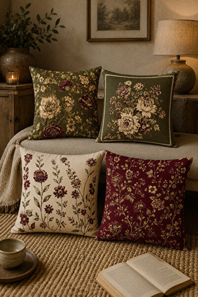 Elay Tekstil Bordo Yeşil Çiçekli Kırlent Kılıfı 4’lü Set – Vintage Dekoratif ...
