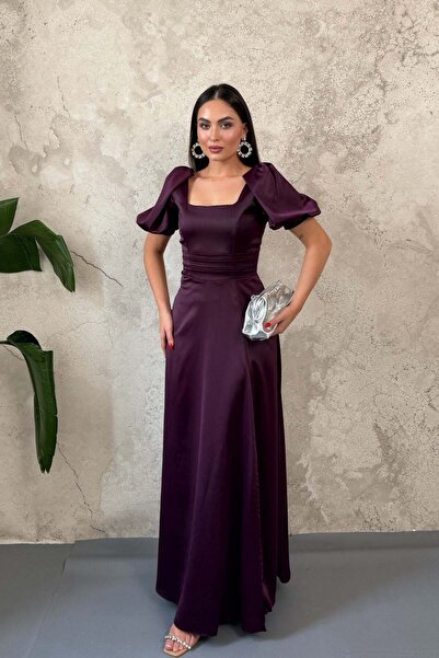 Elbee Fashion Woman Plum Satin Slit Dress
