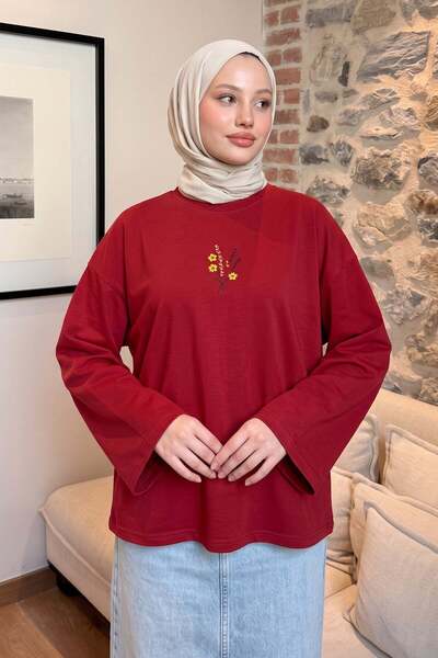 Salih Çelebi Floral Embroidered Combed Cotton Blouse 13137 - Red