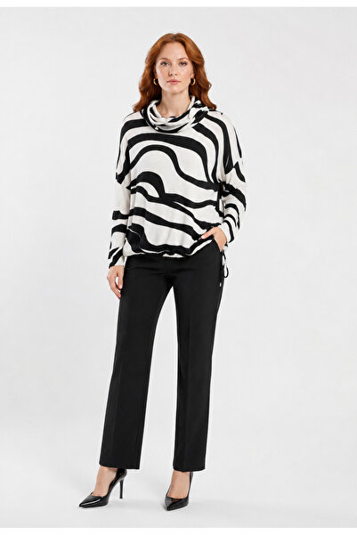 Neden Tekstil Women's Black and White Patterned High-Neck Relaxed Sweater