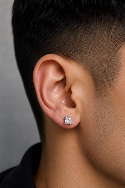 Blisse Piercing Unisex Gümüş Rengi Çelik Beyaz Kare Taşlı Deliksiz Mıknatıslı...