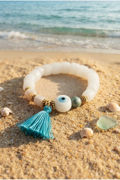 ZGNOVA Handmade White Bodrum Glass Evil Eye Beaded Flexible Bracelet