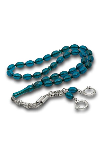 Inure Jewelry Blue Crimped Amber Prayer Beads with Metal Tassels