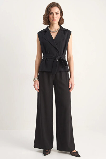 Şeker Portakalım Women's Double Breasted Collar Belted High Waist Palazzo Bla...
