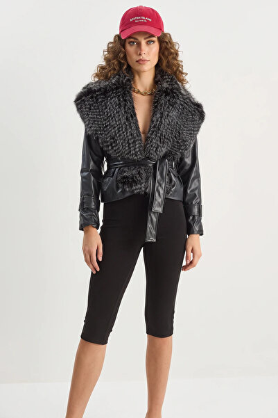 Efnaz style Women's Fur Collar Belted Lined Faux Leather Black Jacket
