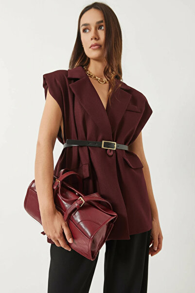 Efnaz style Women's Pocket Detailed Belted Padded Oversize Lined Burgundy Vest