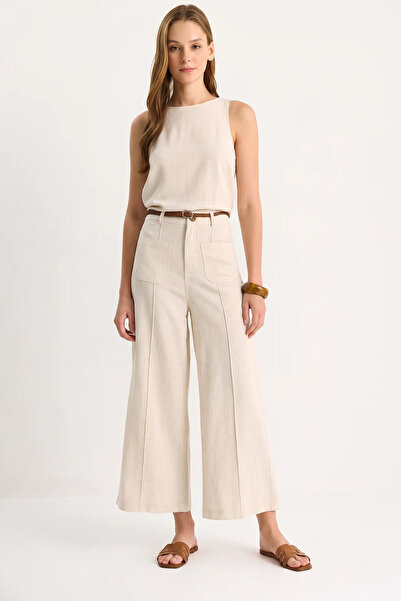 Efnaz style Women's Belted Culotte Beige Trousers