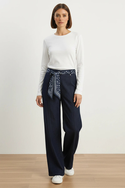 Efnaz style Women's Satin Belt Detailed Wide Leg Denim Navy Blue Trousers
