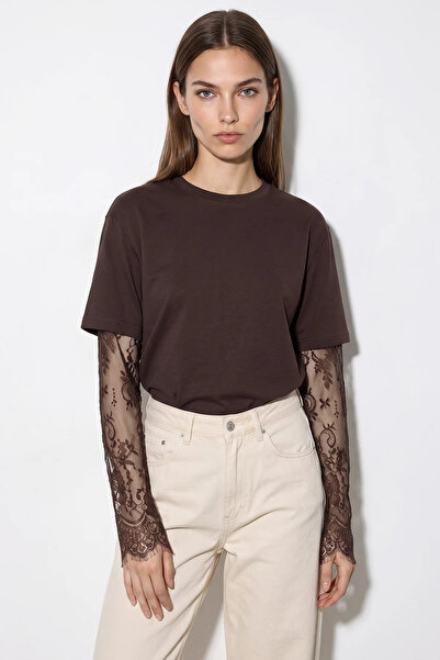 Generic Brand Women's Crew Neck Lace Sleeve Oversize Cotton t Shirt Bitter Co...