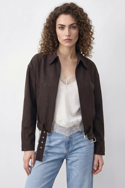 Efnaz style Women's Oversize Belt Detailed Zippered Lined Denim Brown Jacket