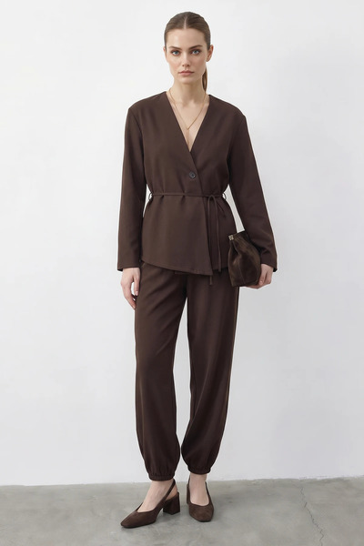 Generic Brand Women's Tied Double-Breasted Jacket with Elastic Cuffs and Comf...