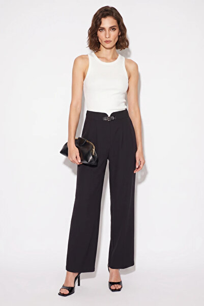 Efnaz style Women's Buckle High Waist Pleated Detailed Straight Leg Fabric Bl...