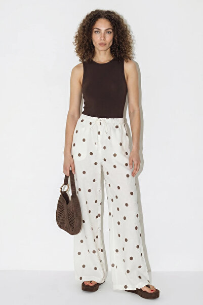 Efnaz style Women's Waist-Tied Polka Dot Relaxed Linen Loose Cream Brown Trou...
