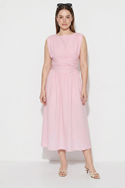 Efnaz style Women's Lined Pocket Detailed Draped Waist Design Midi Pink Dress