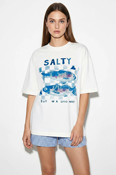 Şeker Portakalım Women's Salty Printed Cotton Crew Neck Oversize Basic t Shir...