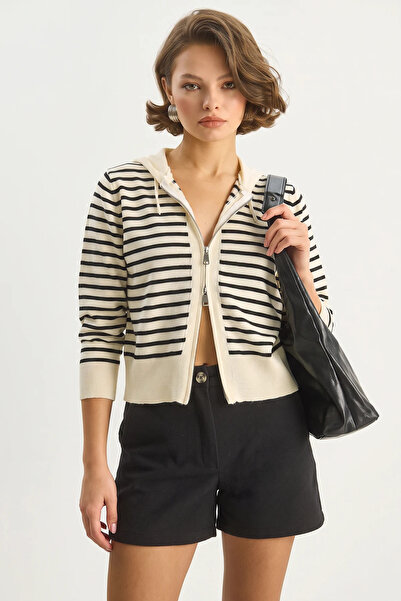 Şeker Portakalım Women's Striped Hooded Double Zipper Basic Ecru Black Cardigan