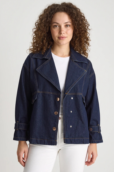 Efnaz style Women's Wide Collar Long Sleeve Denim Navy Blue Jacket with Adjus...