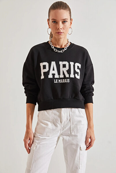 Şeker Portakalım Women's Paris Printed Three Thread Ribbed Black Sweatshirt