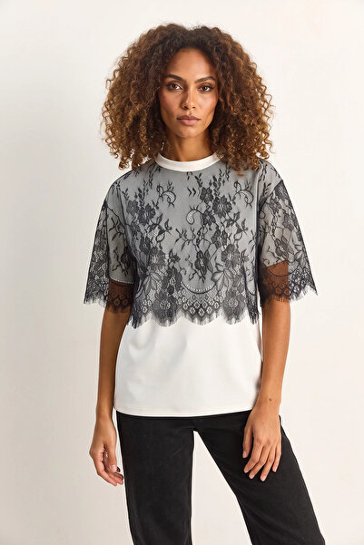 Şeker Portakalım Women's Oversize Basic White Black T-Shirt with Lace Detail ...