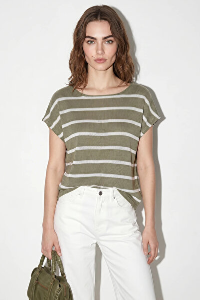 Efnaz style Women's Striped Boat Neck Bat Sleeve Cotton Knitwear Green Ecru B...