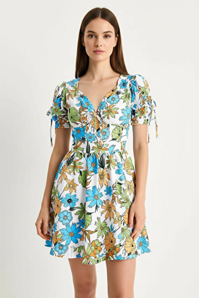 Efnaz style Women's Floral Patterned Mini Blue Dress with Bow Detail