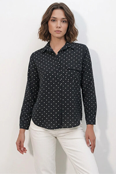 Efnaz style Women's Oversize Single Pocket Polka Dot Black Shirt