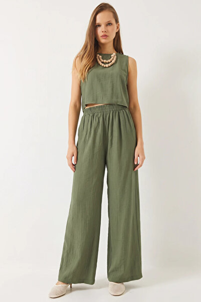 Efnaz style Women's High Waist Khaki Top and Bottom Set with Tie Detail Vest