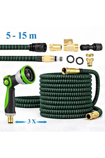 EBA Furtun de grădină extensibil 5-15 m, pistol cu 10 funcții, negru + verde, cu racorduri din alamă