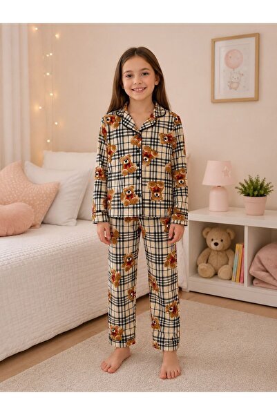 ALİŞ KİDS Girl's Suede Fabric Brown Plaid Teddy Bear Patterned Shirt Collar B...