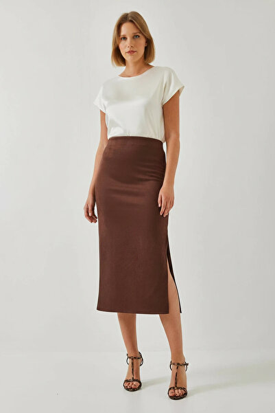 Generic Brand Women's Slit Suede Brown Skirt