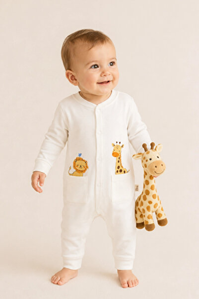 Divonette Unisex Baby Cute Giraffe and Lion Patterned Ecru Snap-On Jumpsuit